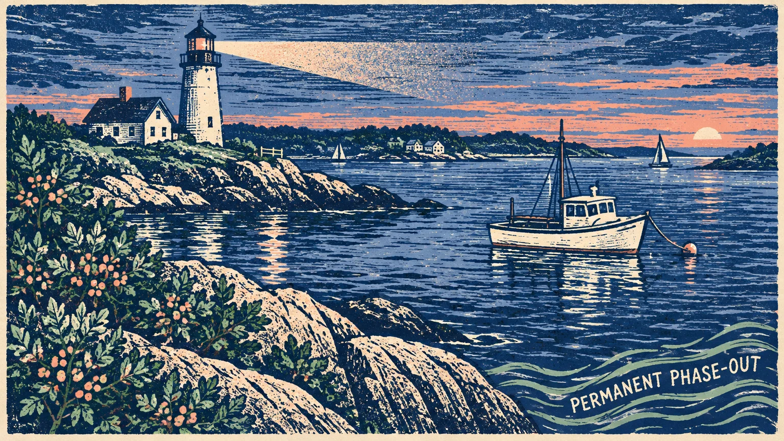 Woodcut illustration of a coastal lighthouse shining a beam over the water near a moored boat at sunset.
