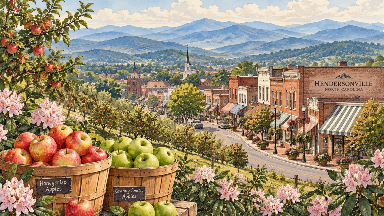 Illustration of apple baskets overlooking historic Main Street and distant Blue Ridge Mountains in Hendersonville.