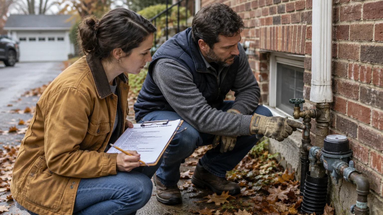 A woman holding a clipboard checklist crouches beside a man inspecting outdoor plumbing pipes against a brick wall.