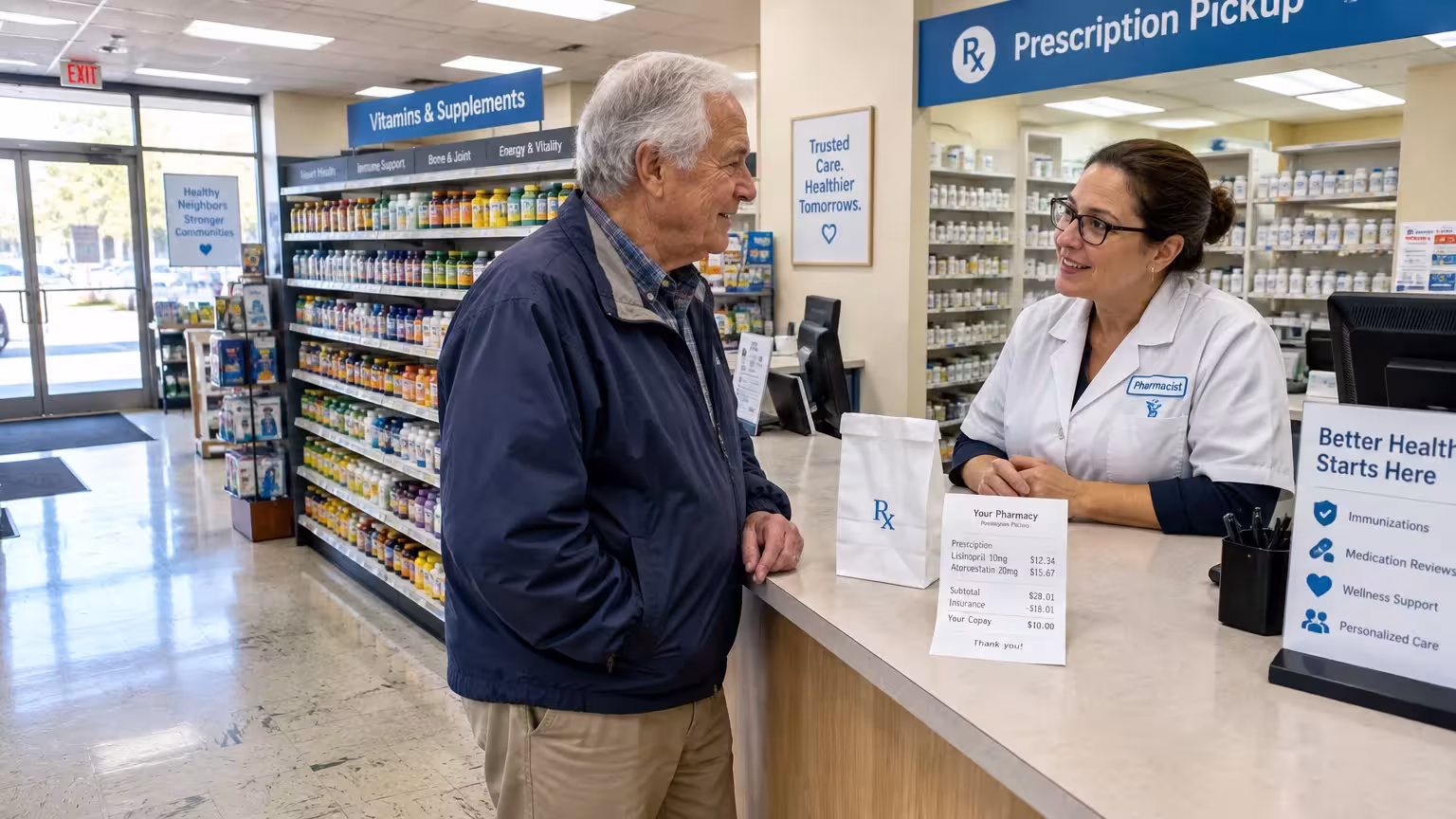 A senior man smiles at a female pharmacist across a counter at a prescription pickup window in a pharmacy.