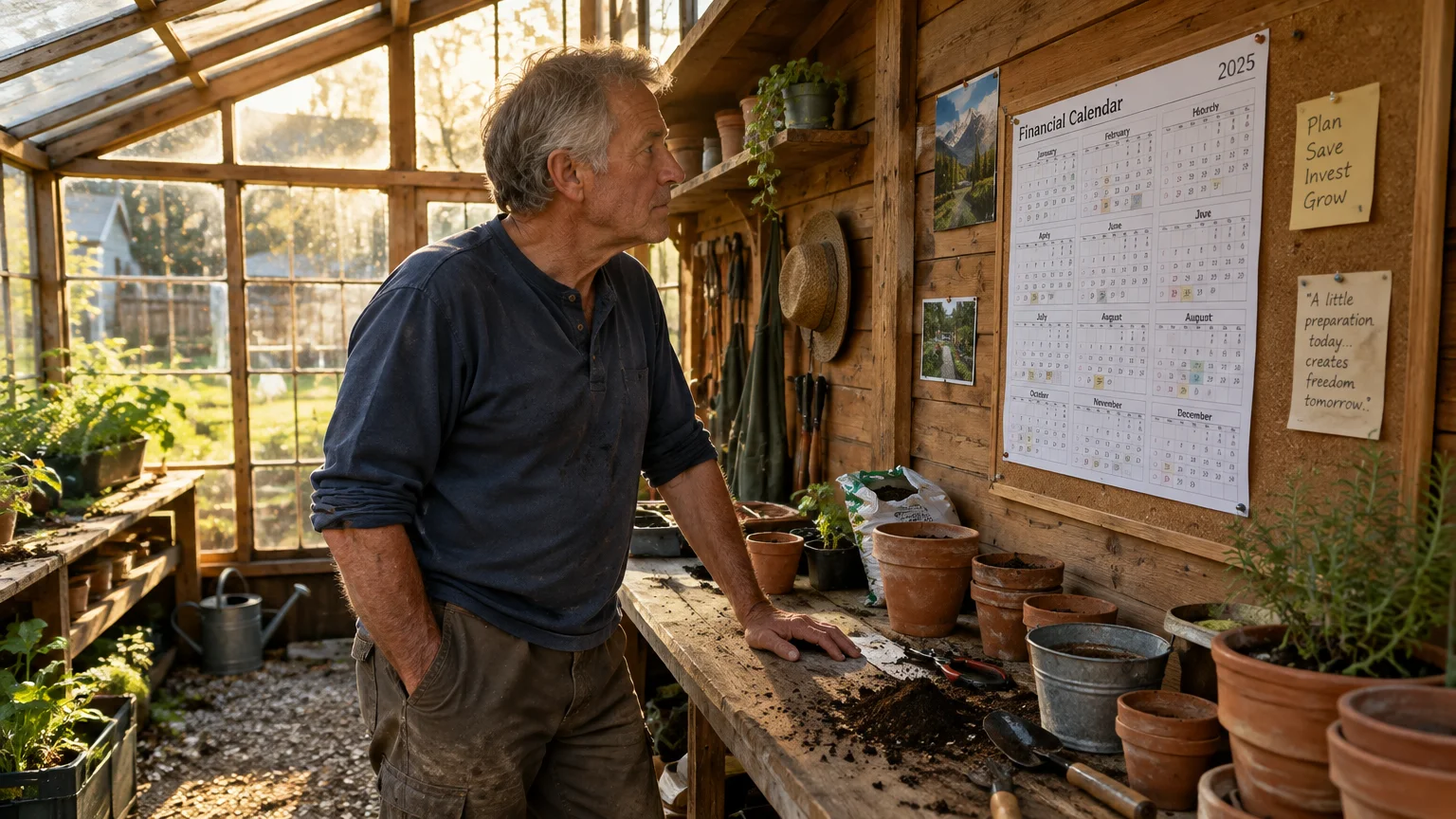 A senior man stands in a sunlit greenhouse looking at a 2025 financial calendar pinned to a wooden wall.