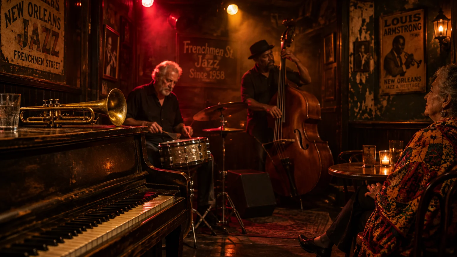 Musicians play upright bass and drums in a dim, rustic jazz club while a woman watches from a table beside an upright piano.