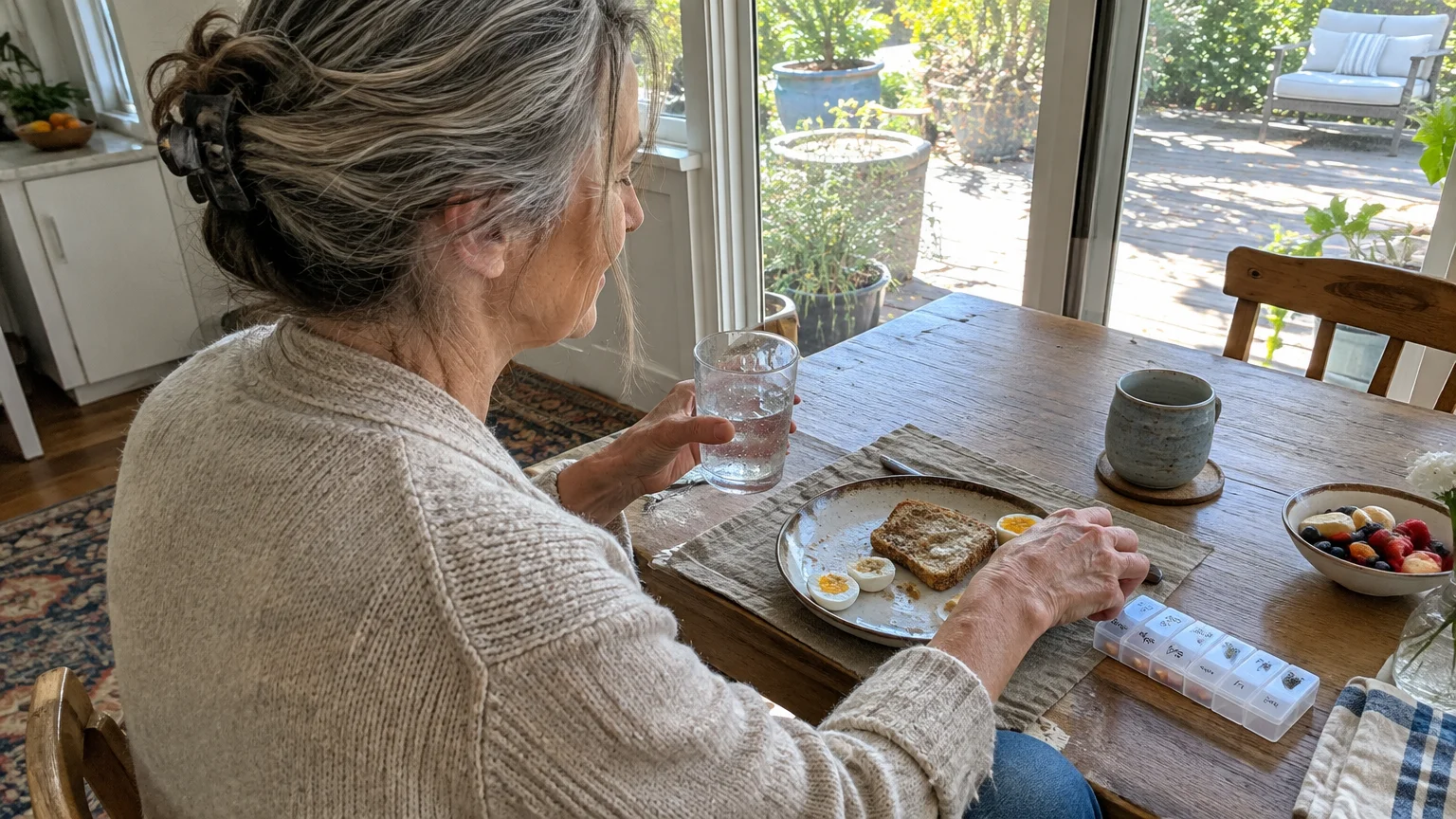 Woman sitting at a wooden dining table having breakfast with boiled eggs, toast, a glass of water, and a weekly pill organizer.
