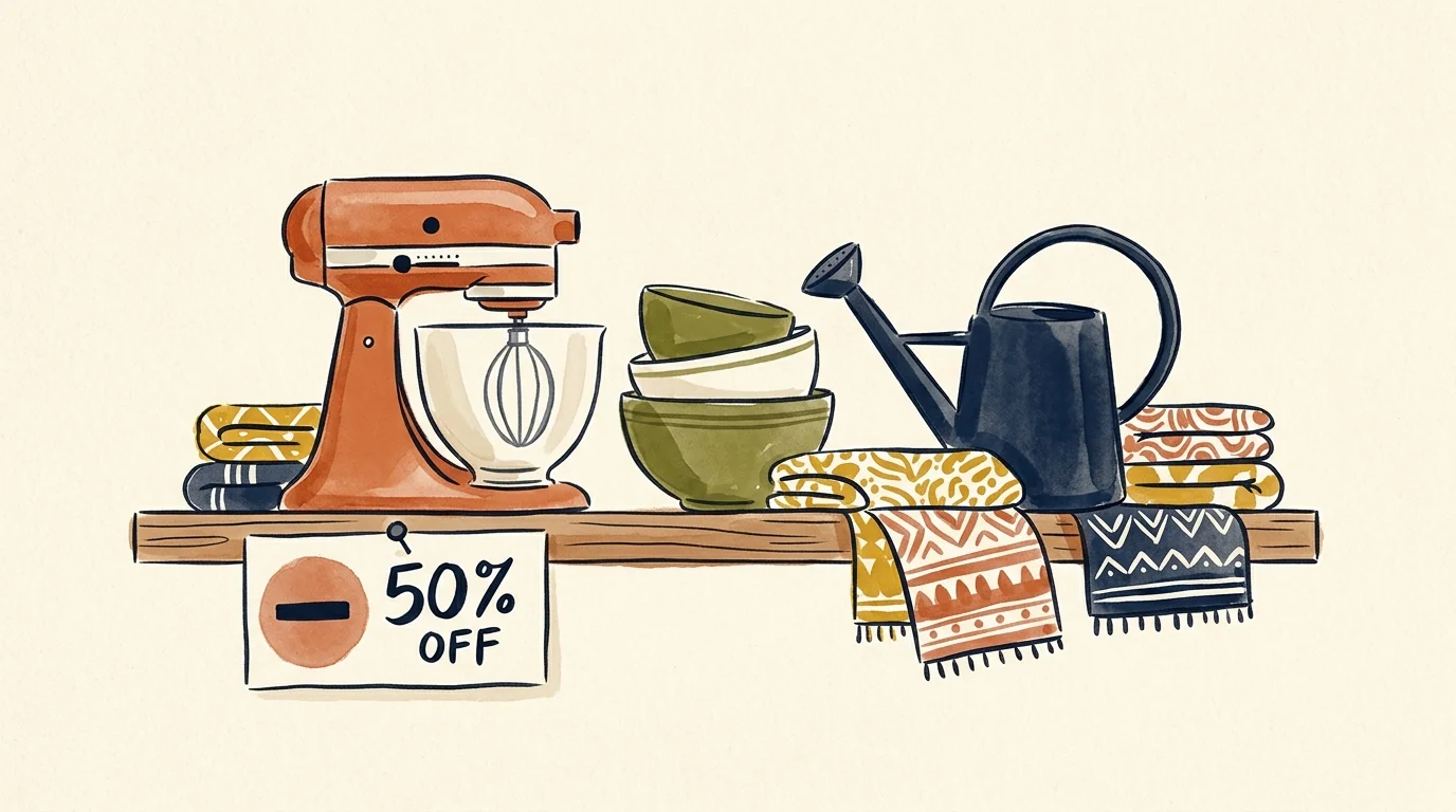 Illustration of a shelf holding an orange stand mixer, bowls, watering can, patterned textiles, and a 50% off tag.