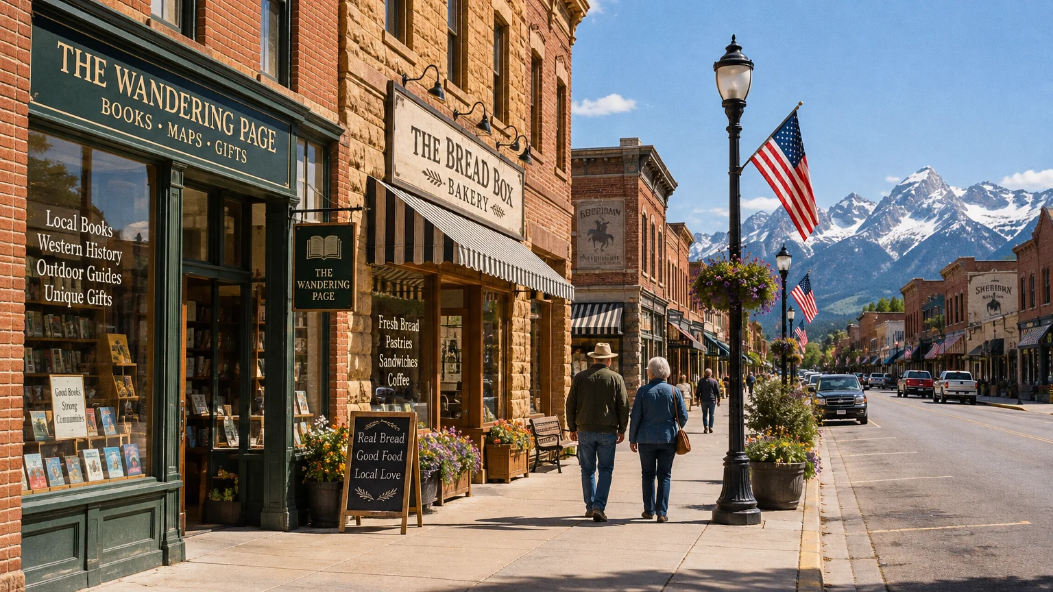 Pedestrians walk past brick storefronts on a downtown sidewalk with snowcapped mountains visible down the street.