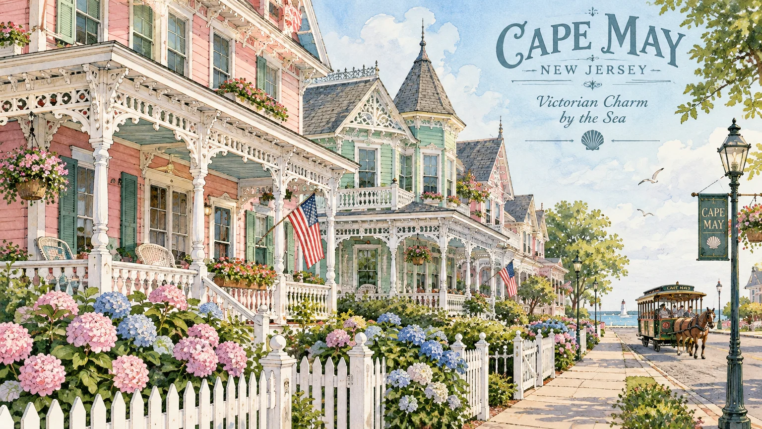 Watercolor illustration of colorful Victorian houses with gingerbread trim, flower gardens, and a horse-drawn trolley.