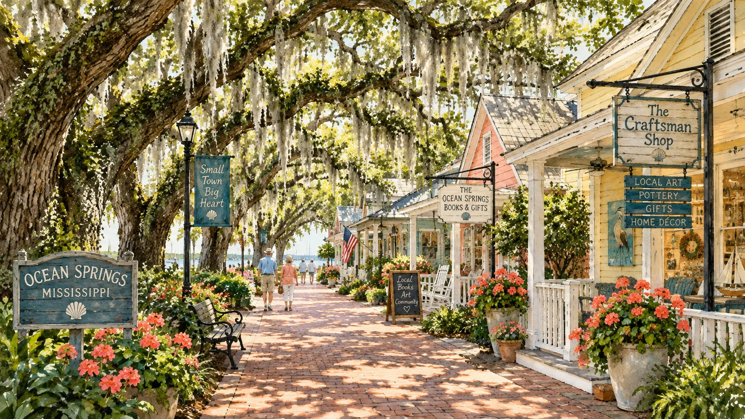 Illustration of a brick-paved coastal downtown street lined with shops, blooming flowers, and moss-draped live oak trees.