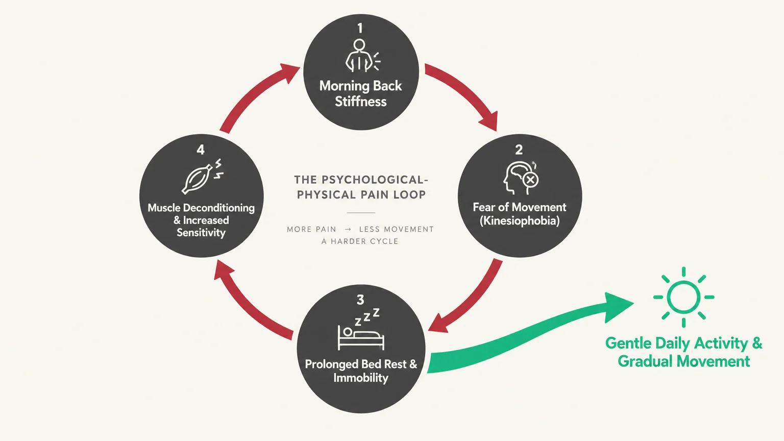 Diagram of a four-stage pain and immobility cycle, with a green arrow exiting toward gentle daily activity.
