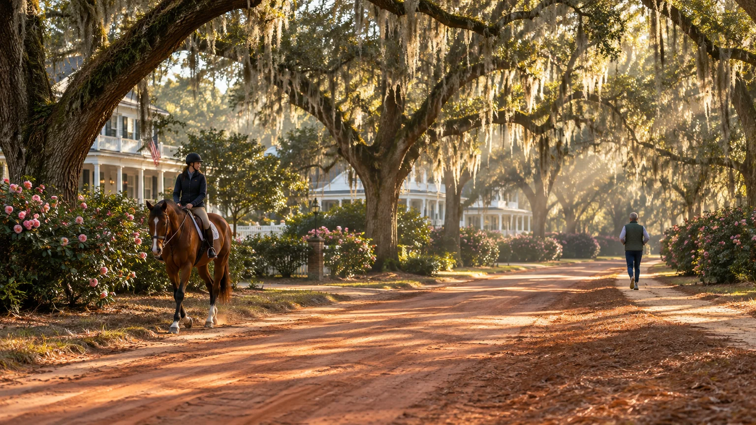 A person rides a horse down a sunlit dirt road lined with blooming shrubs and large live oaks draped in Spanish moss.
