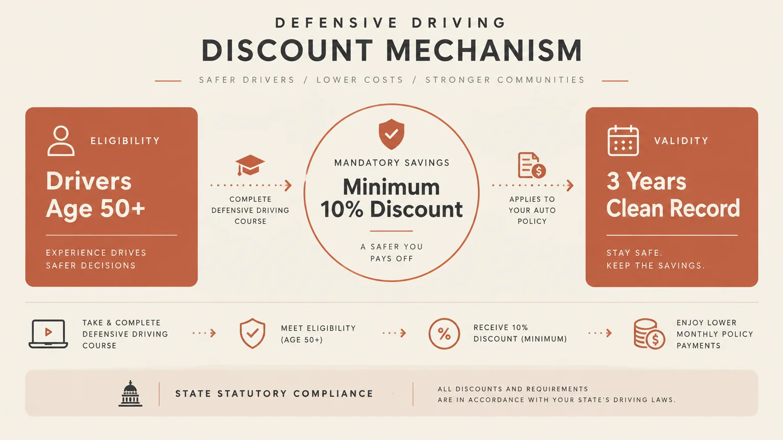 Diagram outlining defensive driving discount steps for drivers age 50 and older to receive a minimum 10 percent rate reduction.