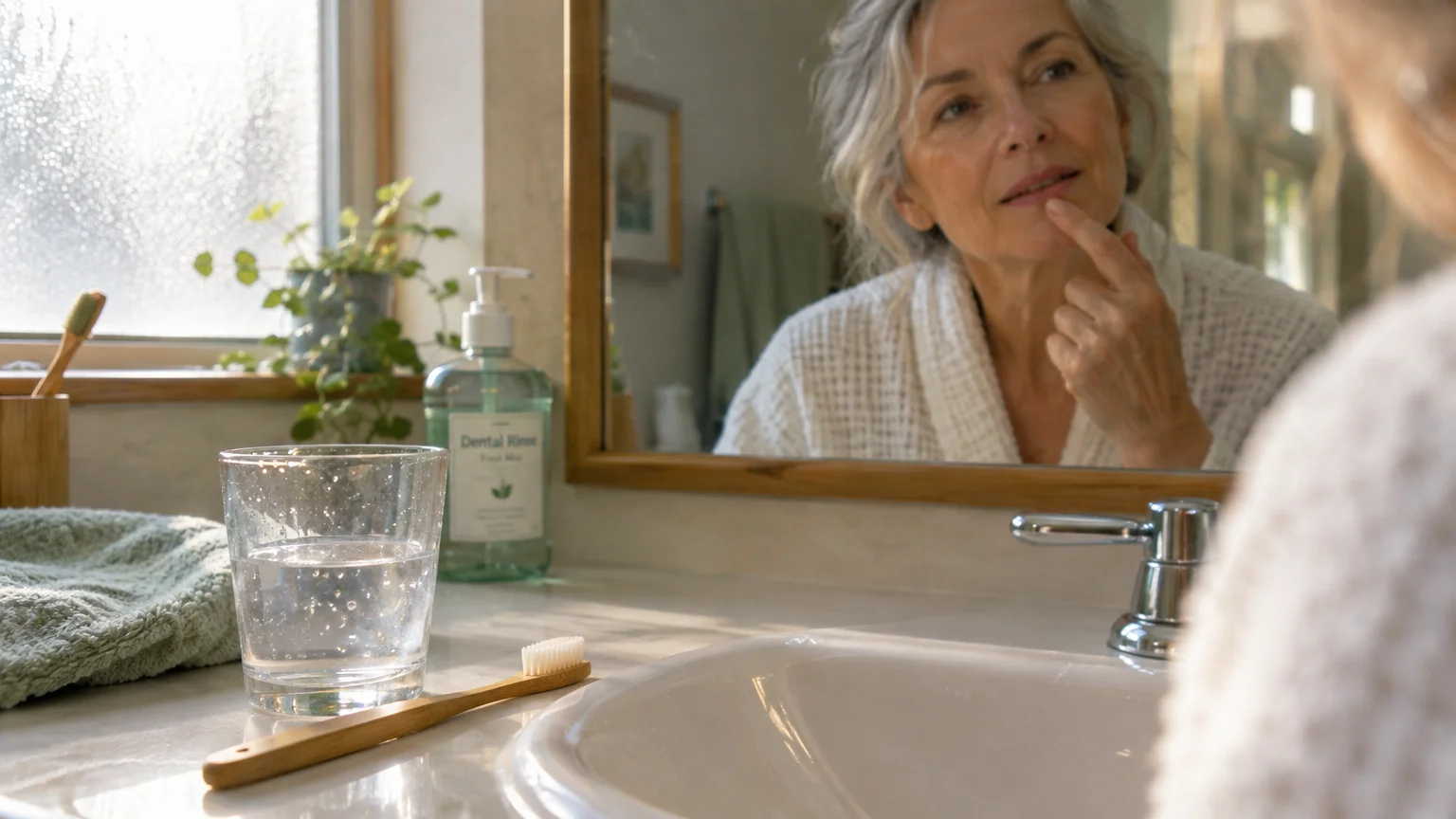 A woman in a white bathrobe looks into a bathroom mirror and touches her lip near a sink with a toothbrush and glass.