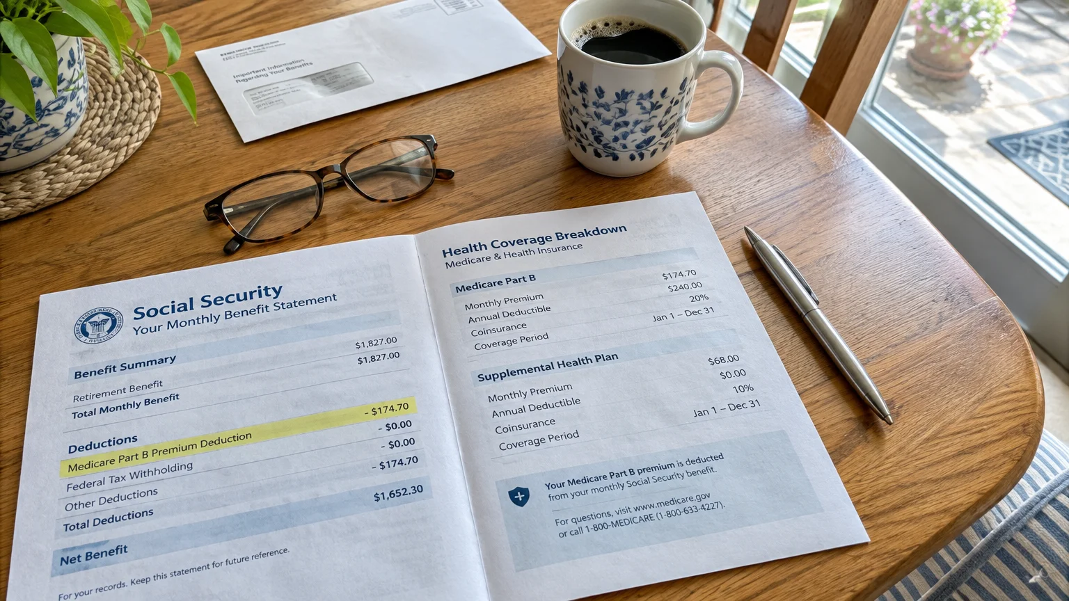 Social Security benefit statement showing Medicare Part B deductions beside eyeglasses, a pen, and a coffee mug on a table.