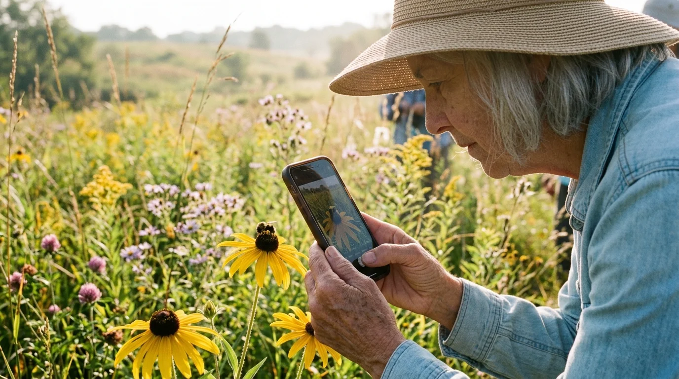 A woman in a sun hat uses a smartphone to take a close-up photo of a bee on a yellow wildflower in a sunny meadow.