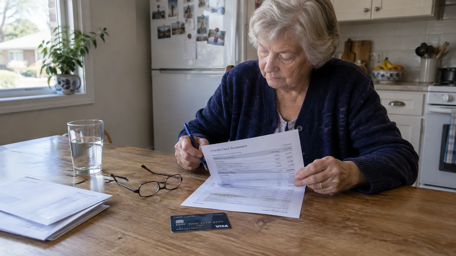 Senior woman reviewing a credit card statement at a wooden table with a pen, eyeglasses, and credit card.