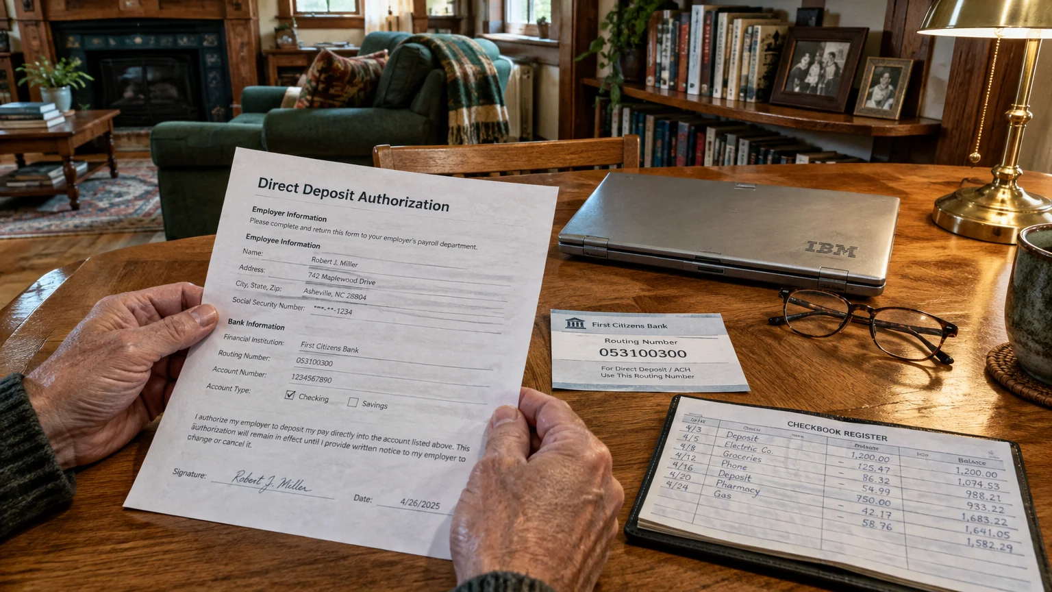 Person holding a direct deposit authorization form next to a checkbook register, routing number card, and laptop on a desk.