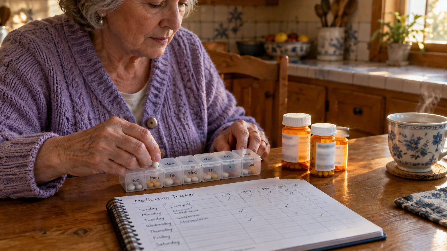 Older woman filling a weekly pill organizer at a table with prescription bottles, a warm drink, and a medication tracker.