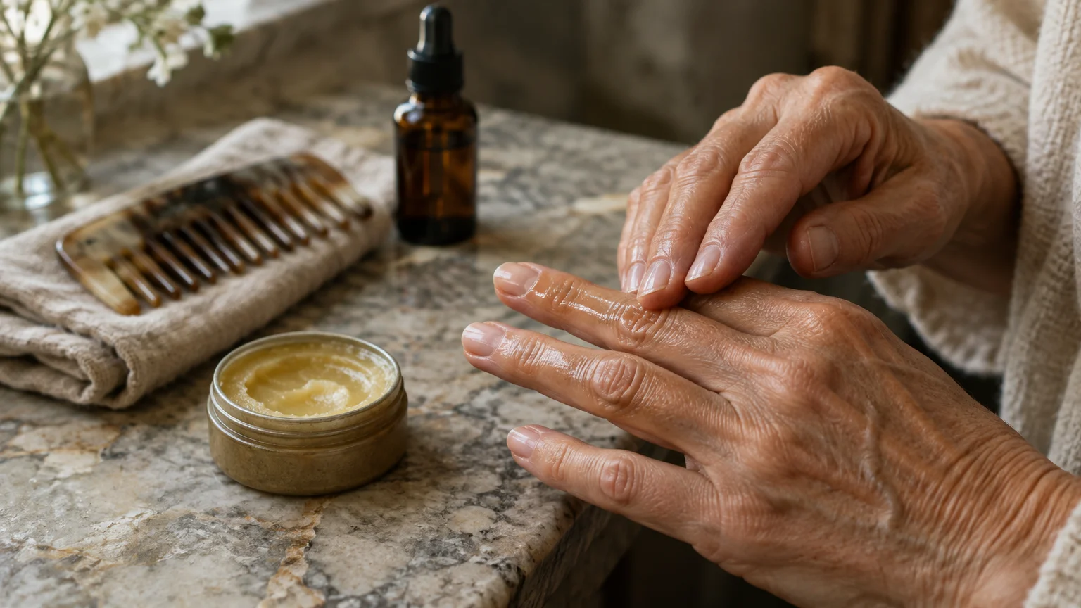 Aging hands apply moisturizer on a stone counter beside an open balm jar, dropper bottle, and comb on a towel.