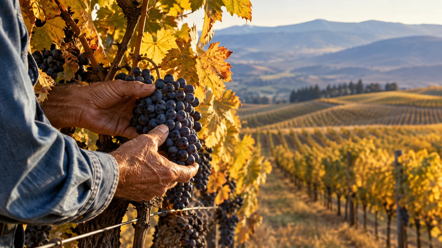 Hands holding a cluster of purple grapes on a vine overlooking rolling vineyard rows under golden sunlight.