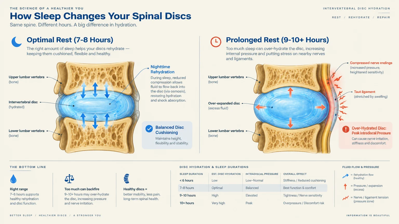 Diagram comparing spinal disc hydration during optimal 7 to 8 hours of sleep versus over-expansion after 9 to 10+ hours.
