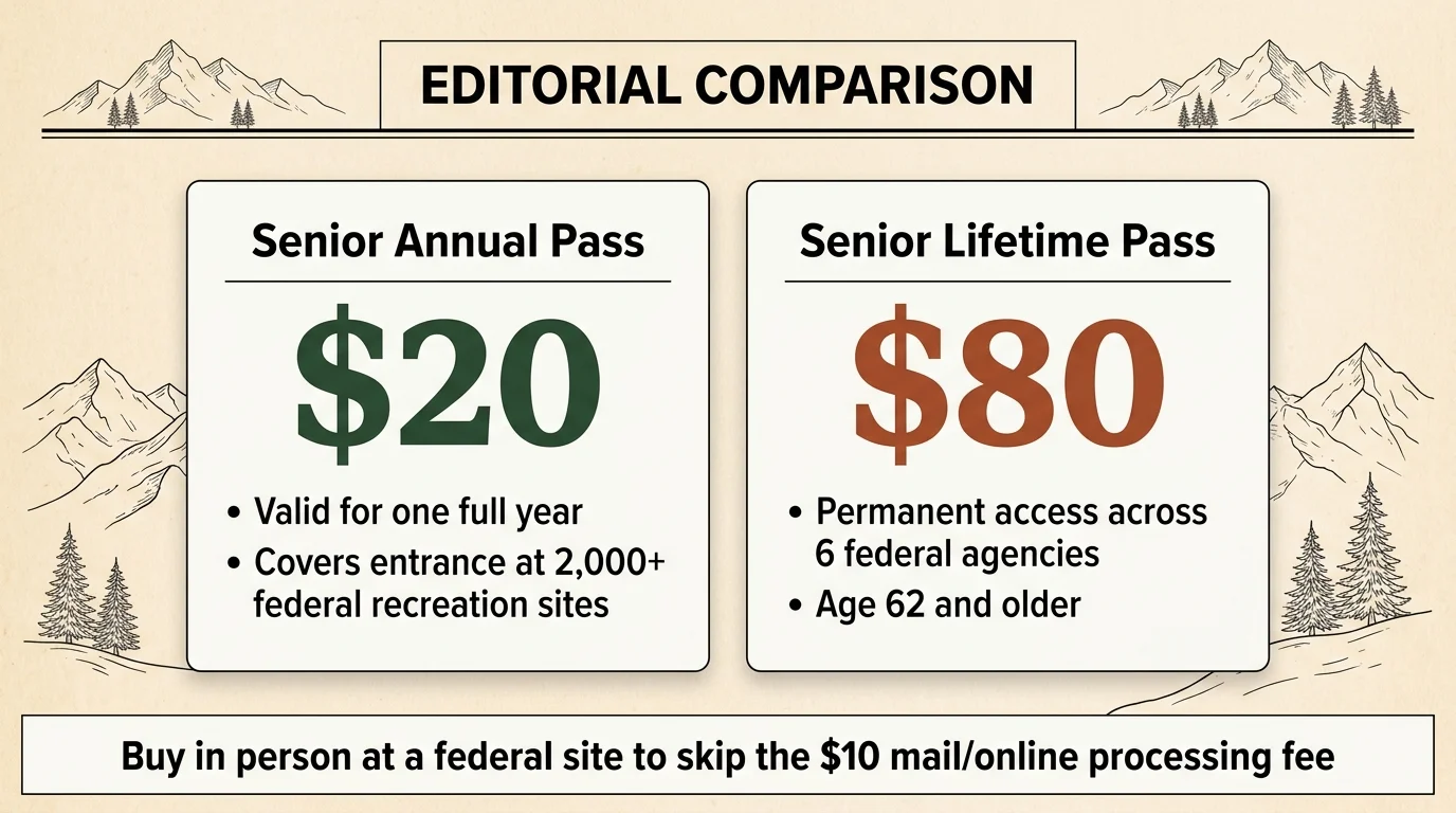 Comparison graphic showing the $20 Senior Annual Pass and $80 Senior Lifetime Pass with prices, features, and purchase tips.