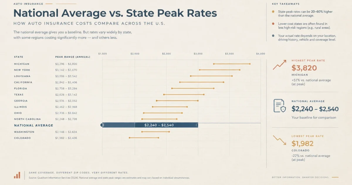 Chart titled National Average vs. State Peak Rates comparing annual car insurance costs across various U.S. states.