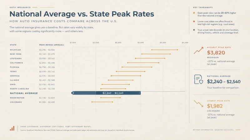 Chart titled National Average vs. State Peak Rates comparing annual car insurance costs across various U.S. states.