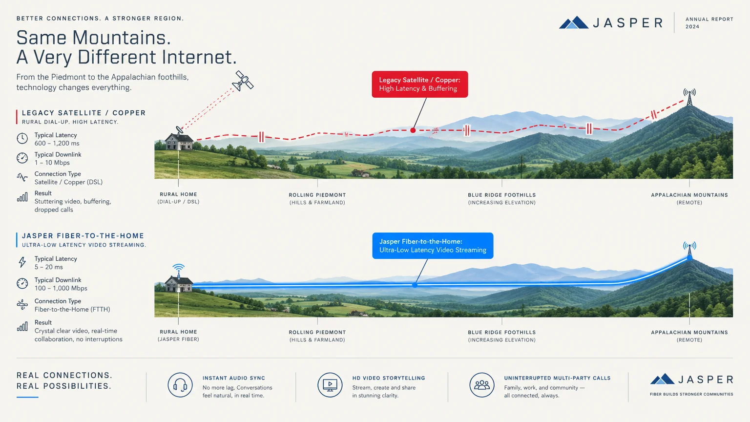 Diagram comparing legacy satellite and copper internet against Jasper fiber-to-the-home across mountain terrain.