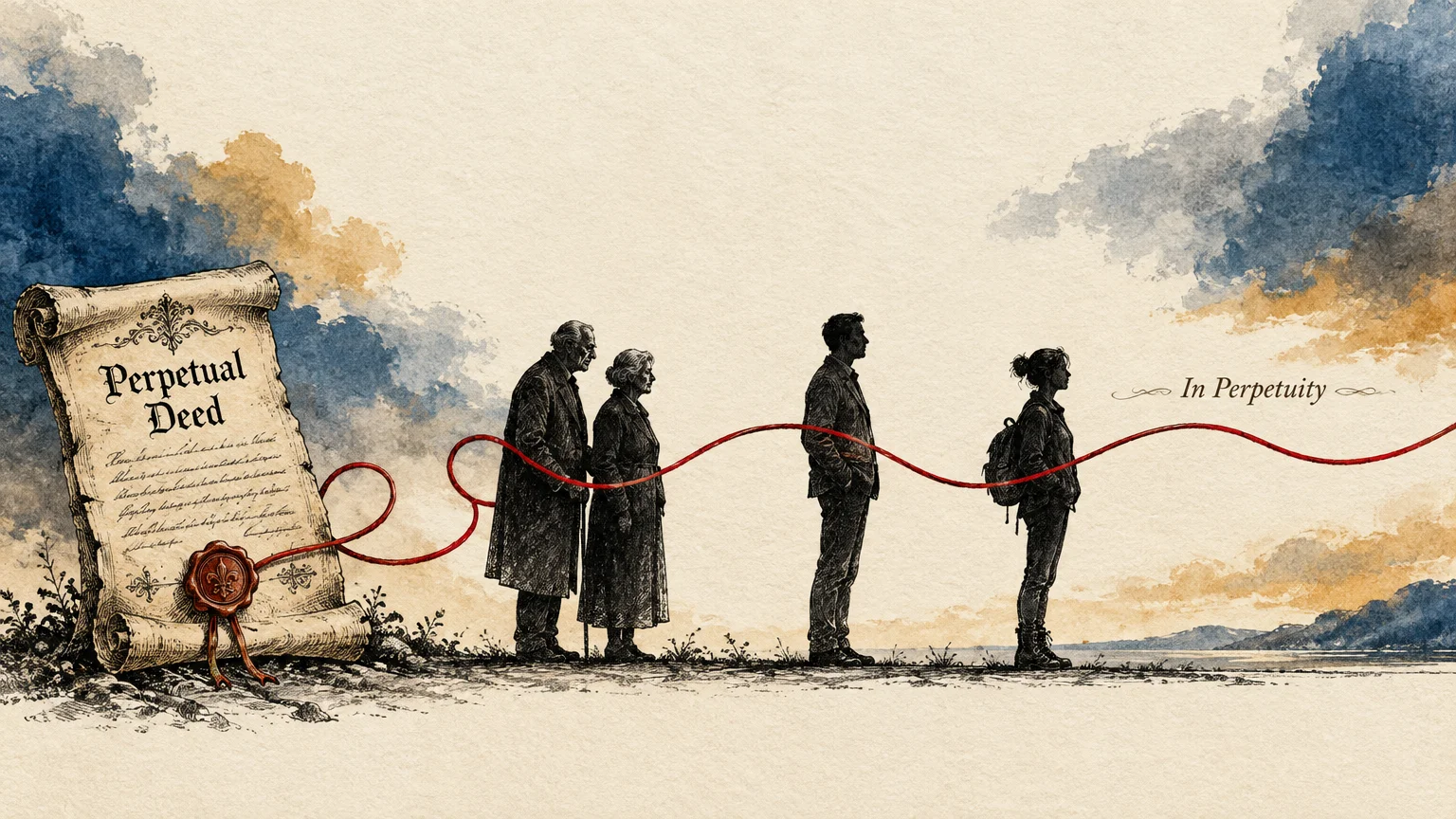 Illustration of a red ribbon connecting a perpetual deed scroll to an elderly couple, a man, and a young woman.
