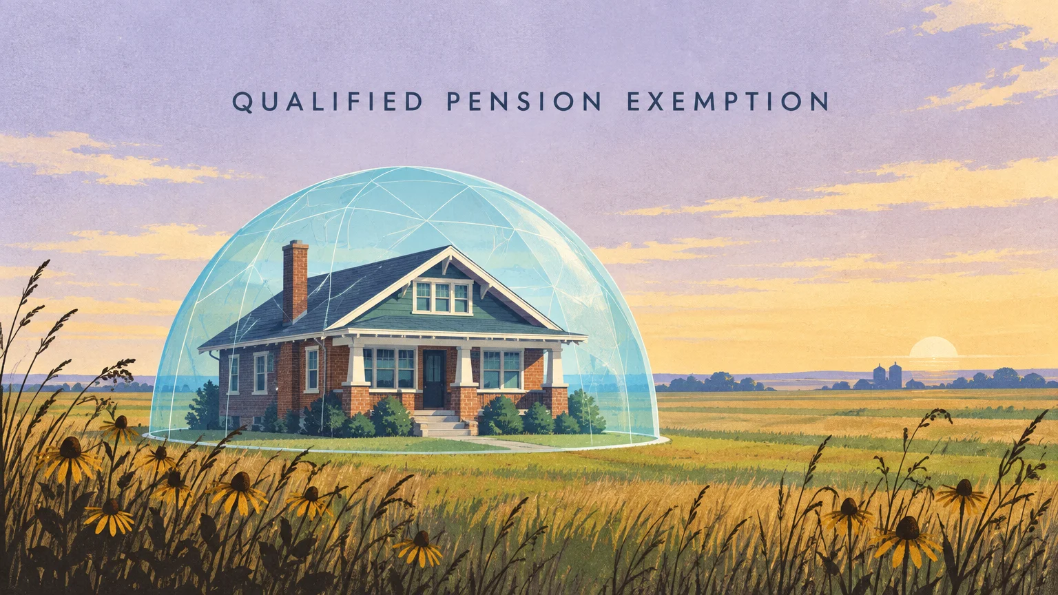 Illustration of a brick house enclosed in a protective glass dome in a rural field with text reading Qualified Pension Exemption.