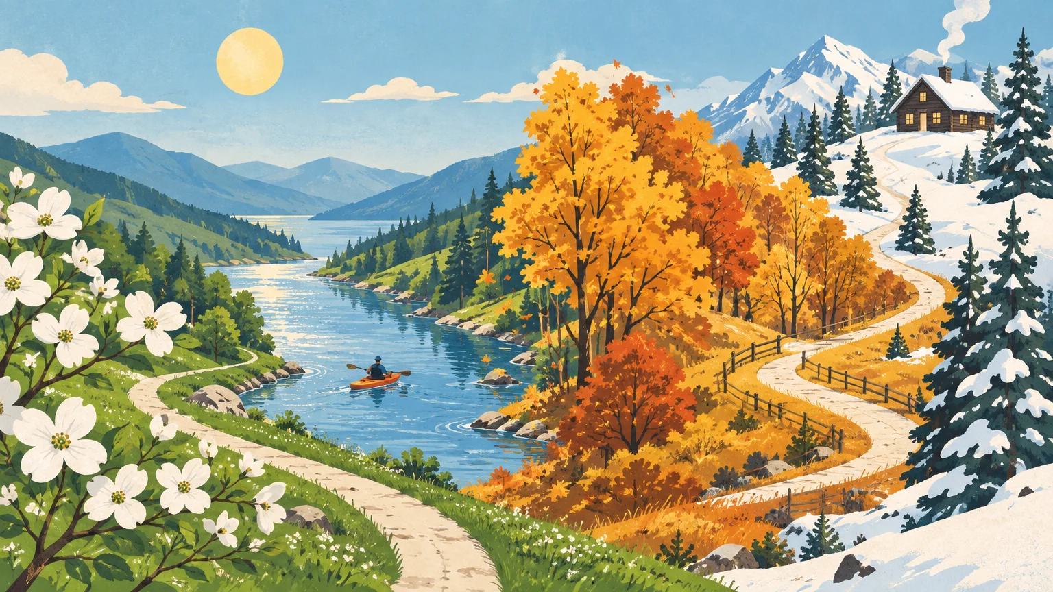 Illustration blending four seasons across a mountain landscape, from spring blossoms to autumn trees and winter snow.