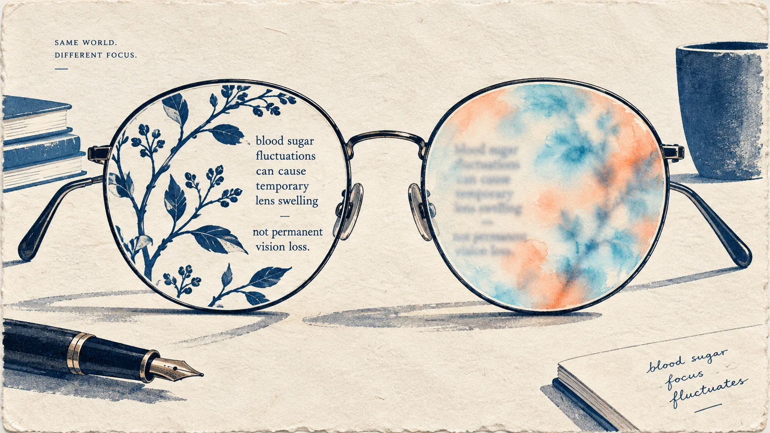 Illustration of eyeglasses on a desk, with one lens showing sharp botanical details and the other showing blurry colors.