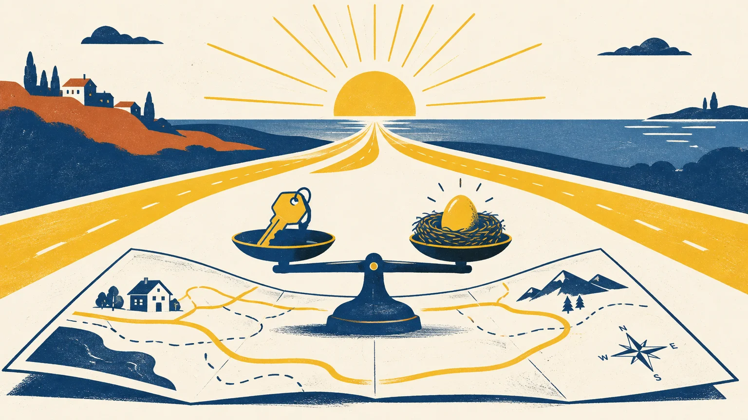 Balance scale holding a key and nest egg on a map along a road leading toward a coastal sunrise.