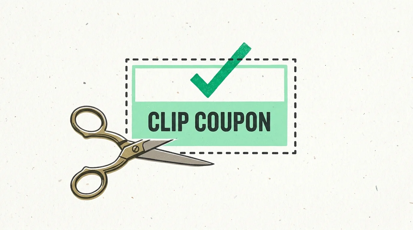 Illustration of scissors cutting out a dashed coupon box with a green checkmark and "CLIP COUPON" text.