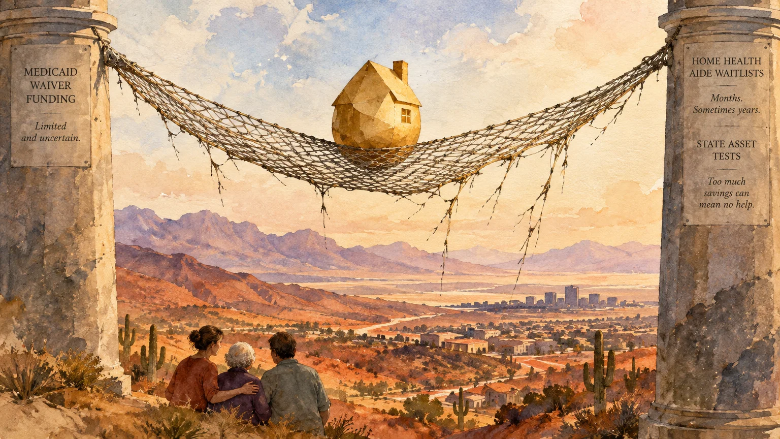 Watercolor of a family looking at a desert city, beneath a small house resting in a frayed net between stone pillars.