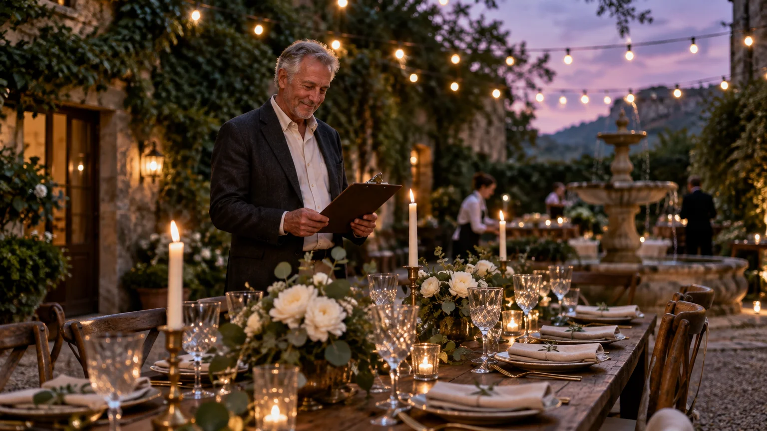 A senior man in a blazer checks a clipboard beside an outdoor dinner table decorated with candles and flowers at dusk.