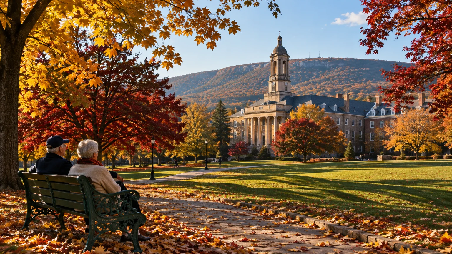 Two people sit on a bench facing a campus lawn and historic stone hall framed by autumn trees and a mountain ridge.
