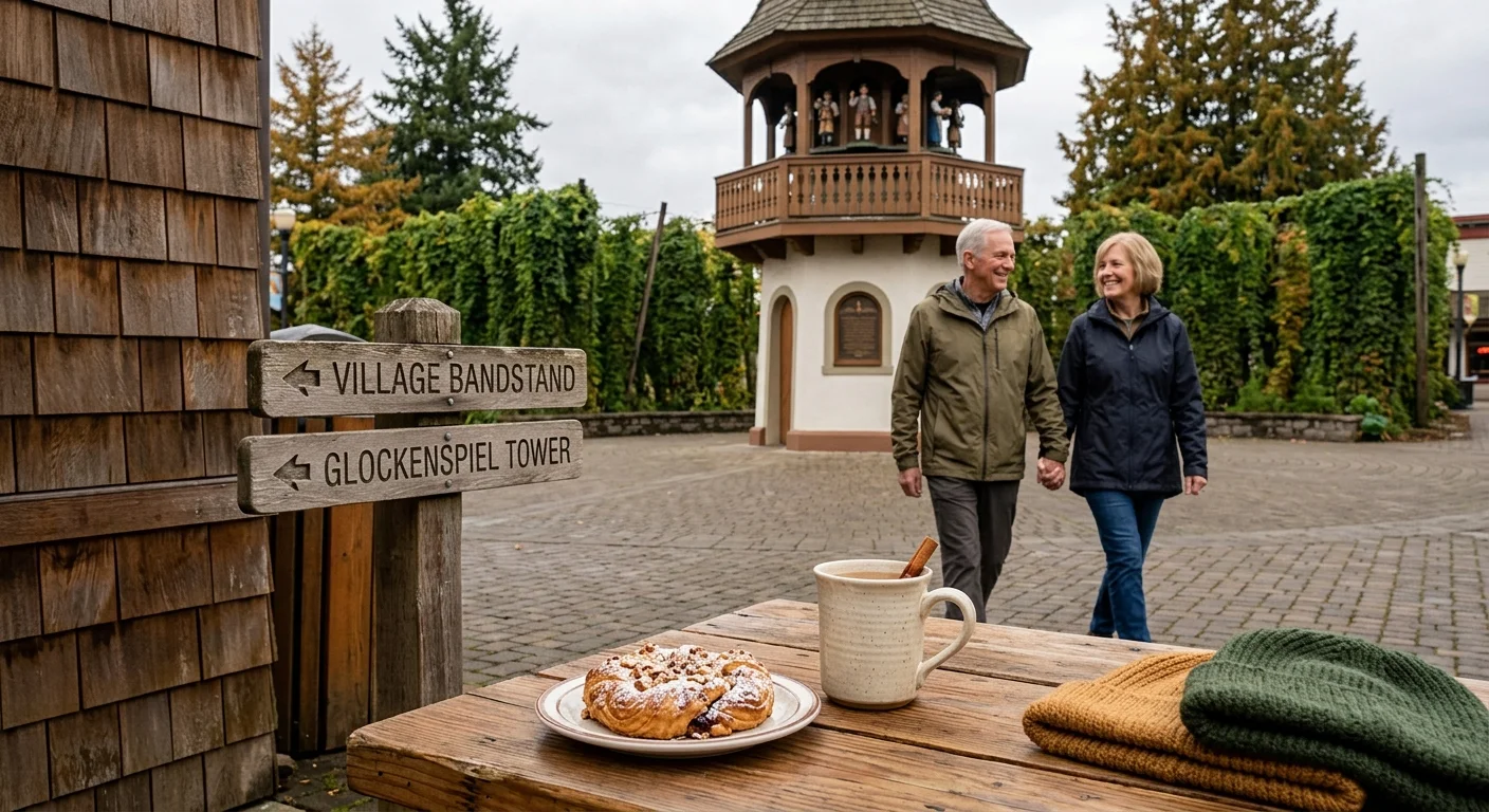 A couple walks through a paved village square past a wooden sign and a tall glockenspiel tower, with coffee on a table.