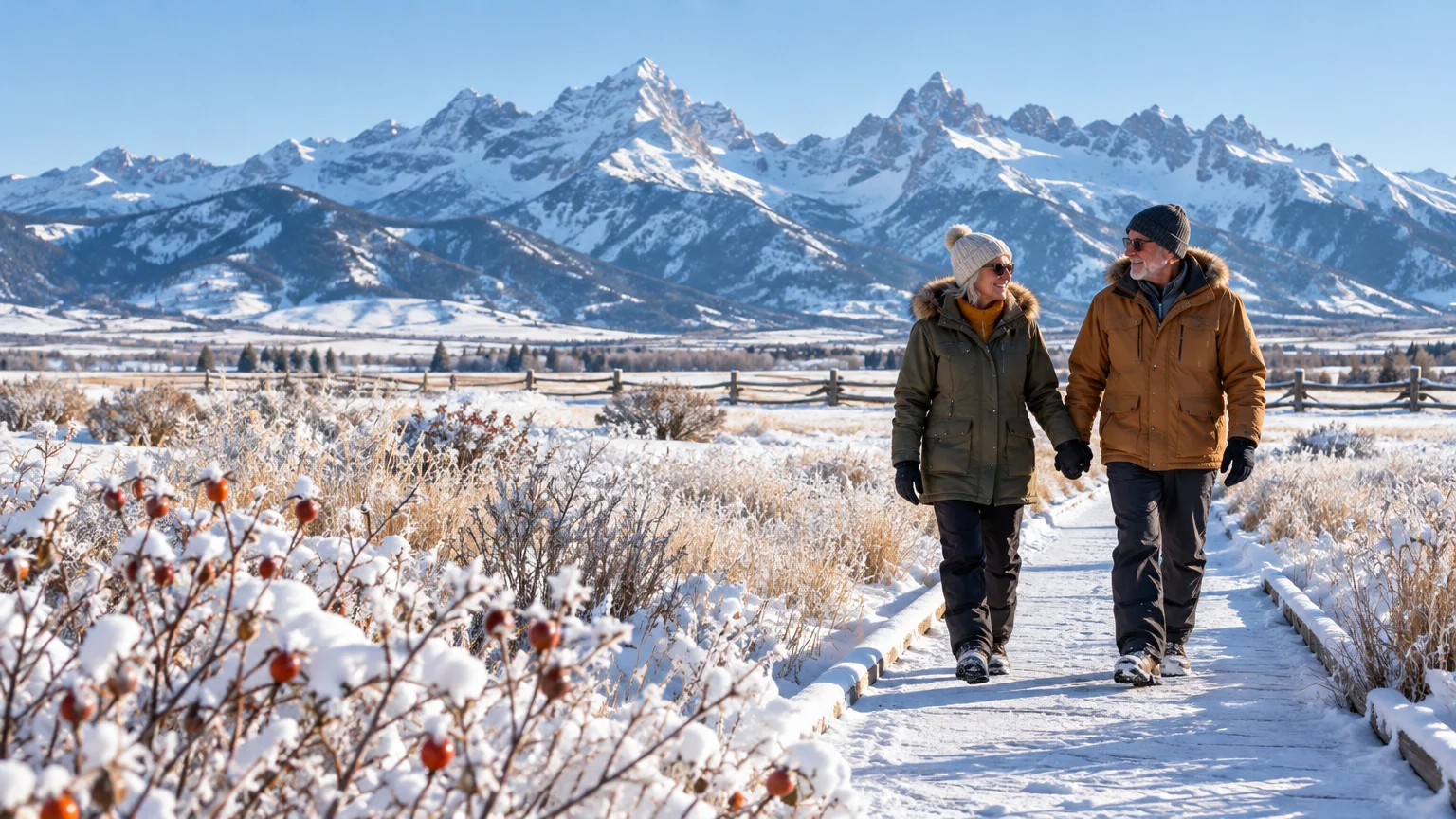 Couple holding hands walking along a snow-covered wooden path toward jagged, snow-capped mountains.