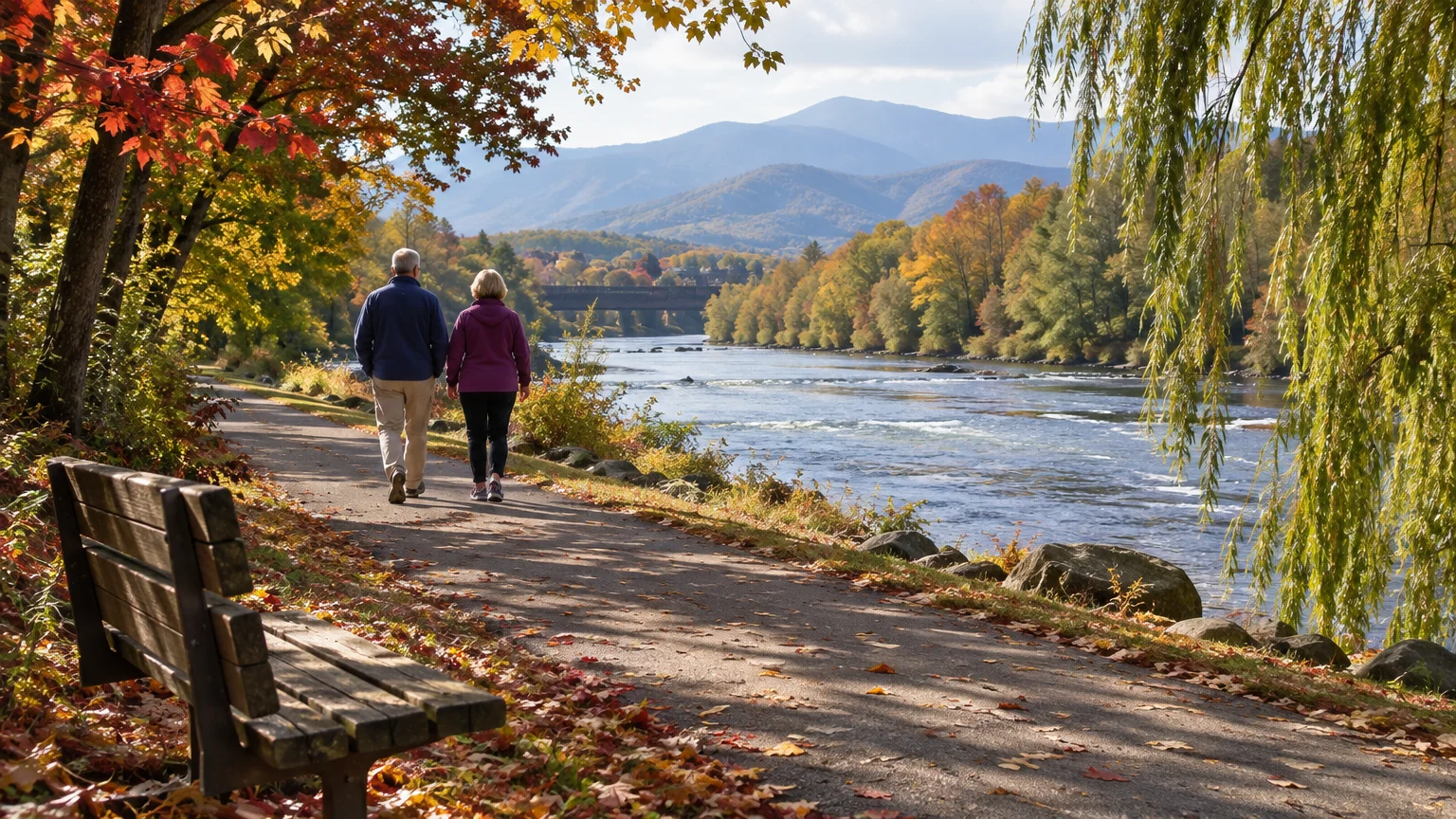 A couple walks along a paved riverside path lined with colorful autumn trees, a wooden bench, and distant mountains.