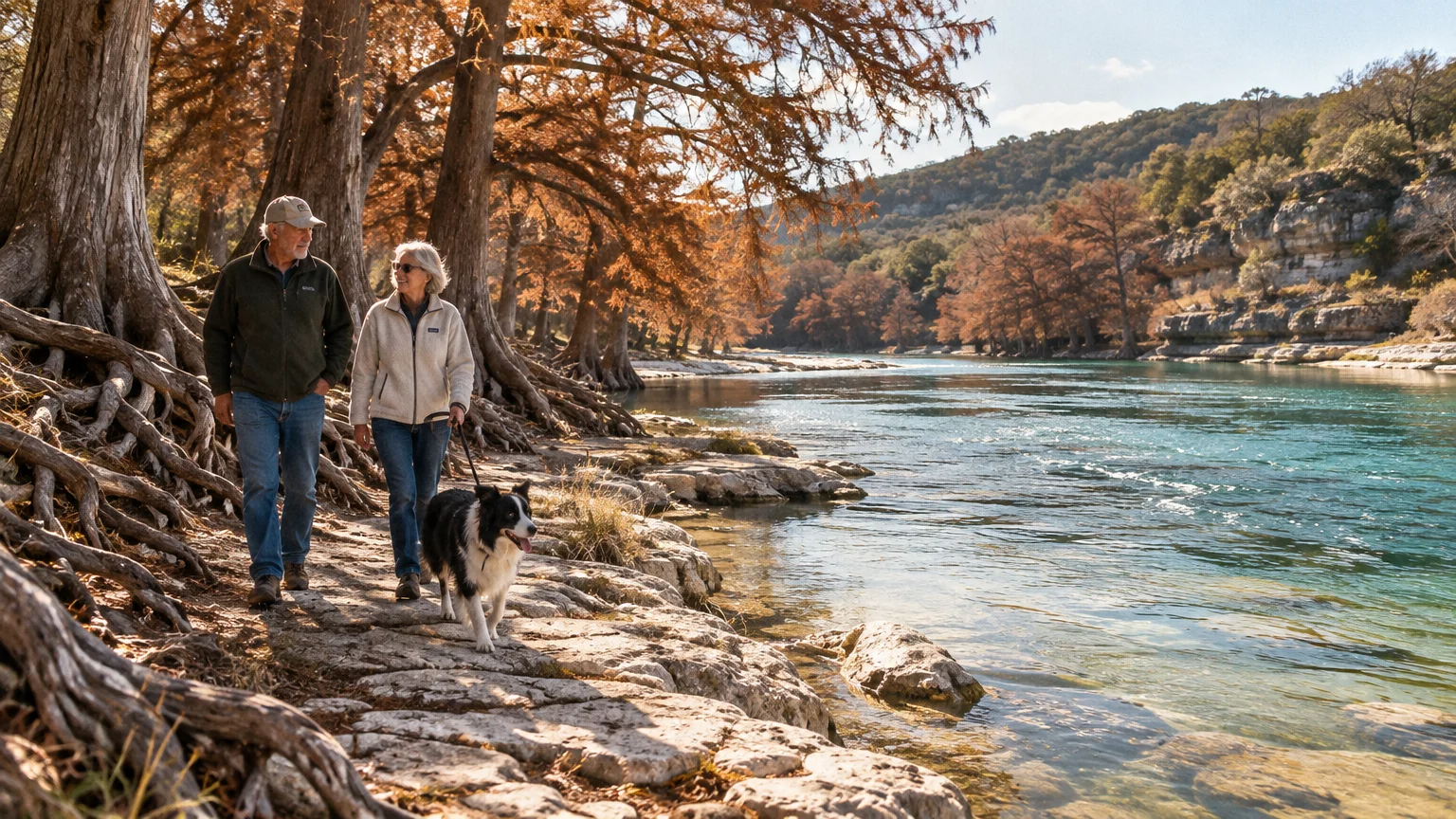 A senior couple walks a dog along a rocky riverbank lined with cypress trees featuring autumn foliage.