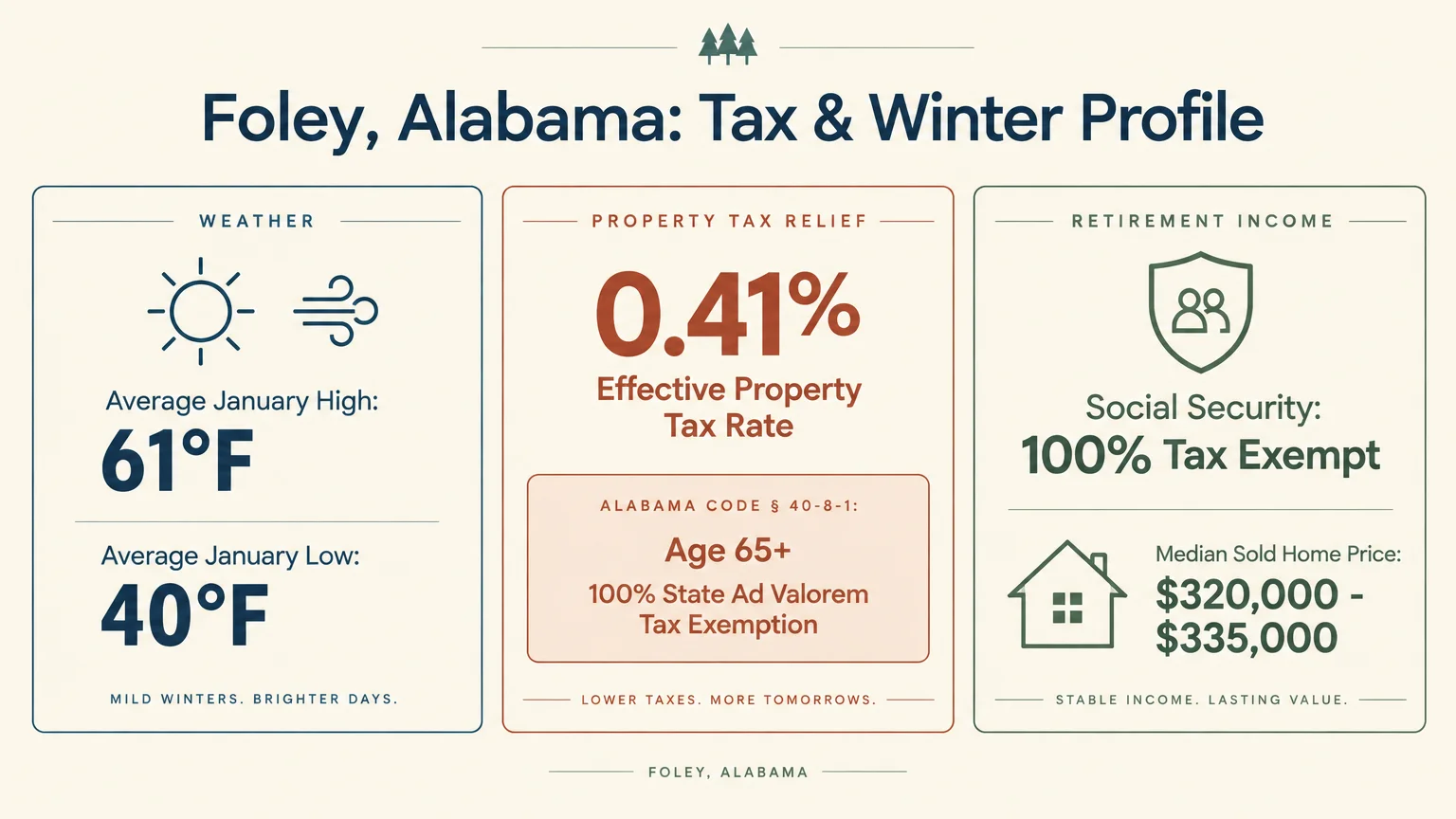 Infographic showing Foley, Alabama tax and winter stats: weather, property tax relief, and retirement income facts.