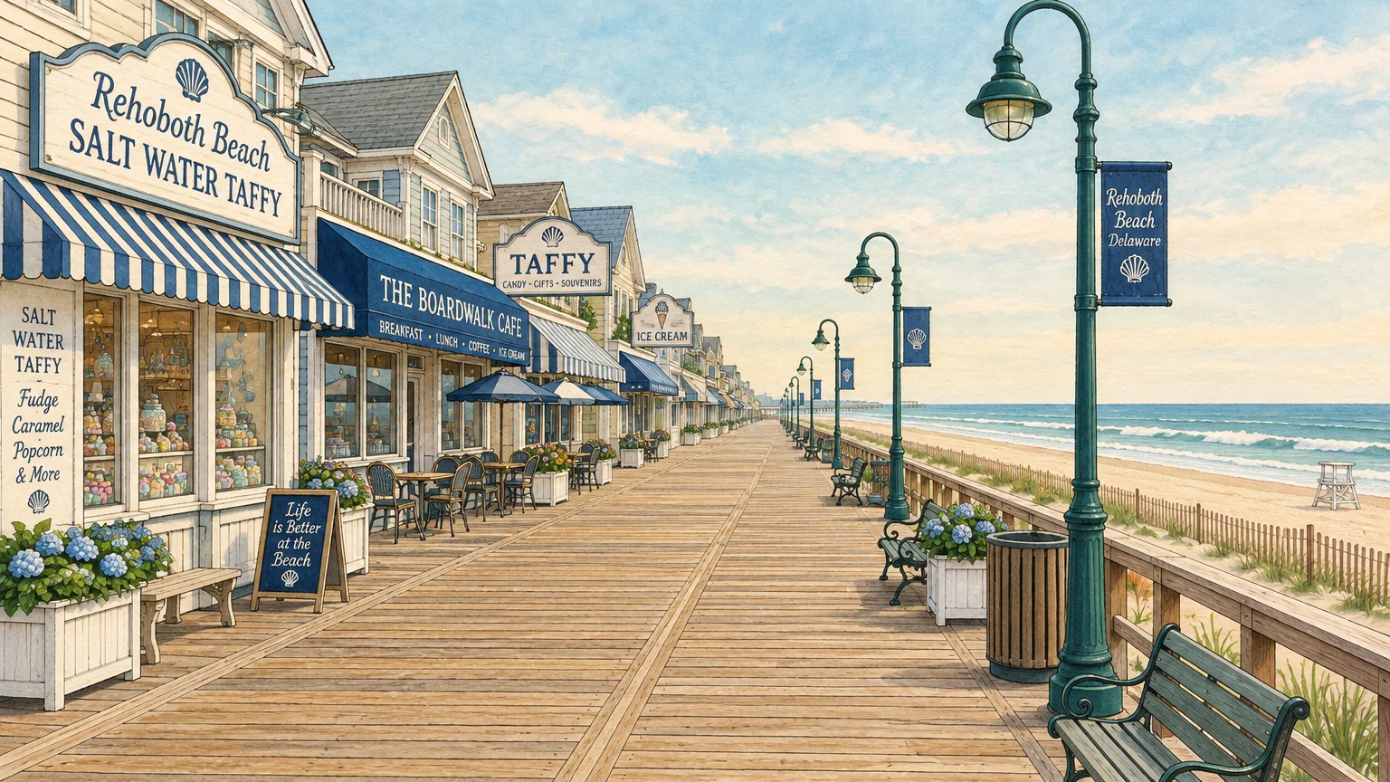 Illustration of a wooden beach boardwalk lined with storefronts, outdoor cafes, benches, lamp posts, and sandy shores.