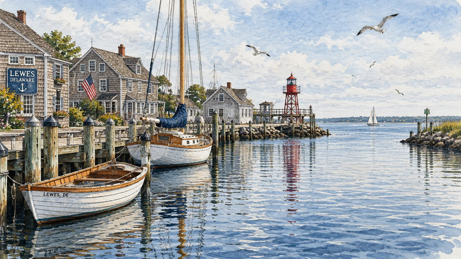 Watercolor painting of a coastal harbor with wooden boats docked along a pier, shingled houses, and a red lighthouse.