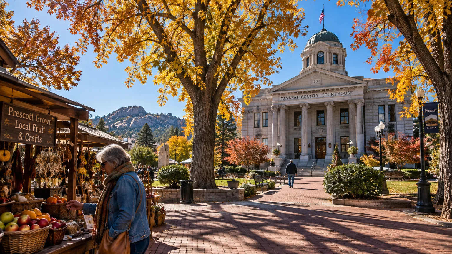 Yavapai County Courthouse viewed across a brick plaza framed by autumn trees with a fruit and craft vendor in the foreground.