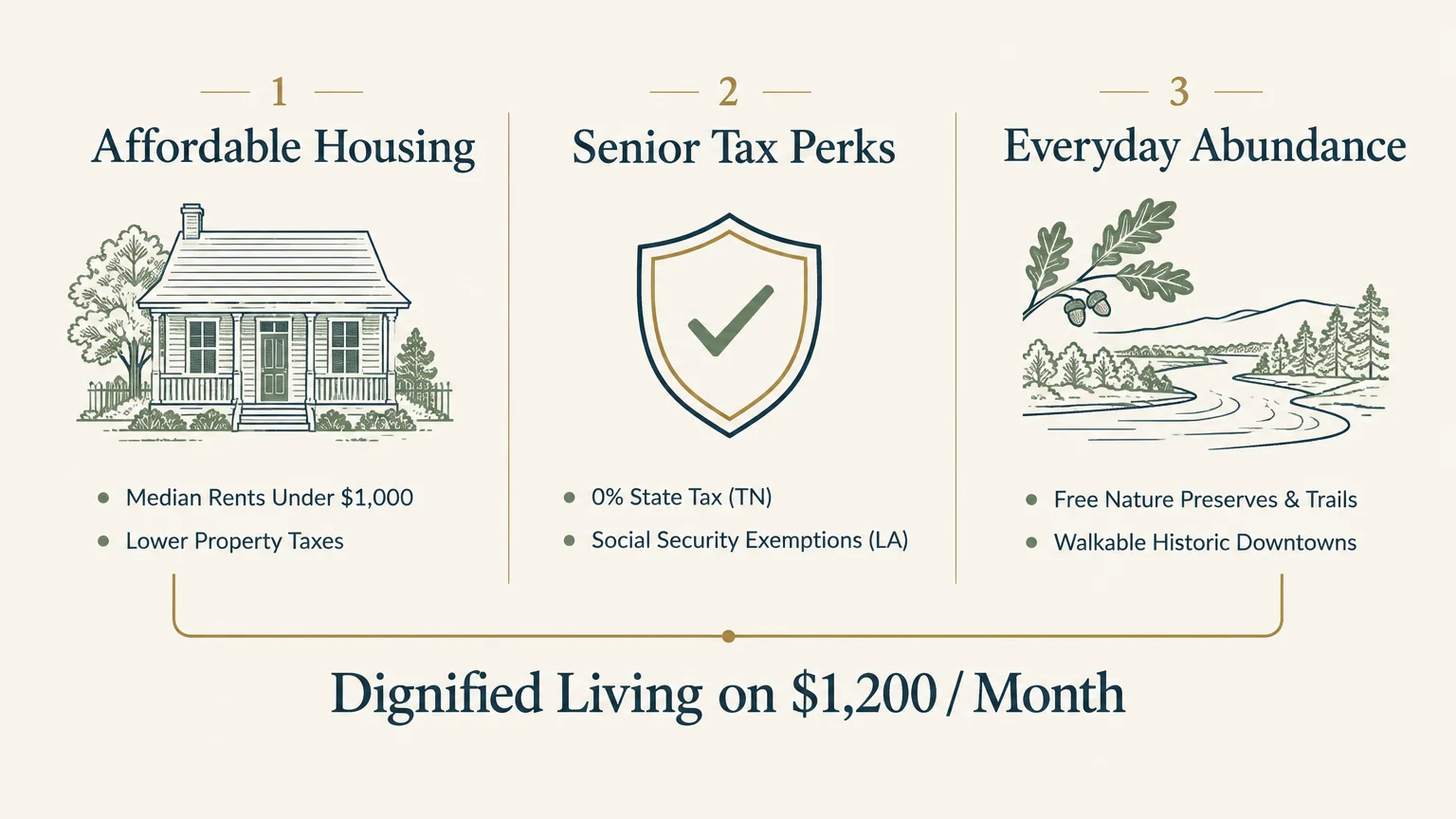 Three-part diagram of Affordable Housing, Senior Tax Perks, and Everyday Abundance leading to living on $1,200 a month.