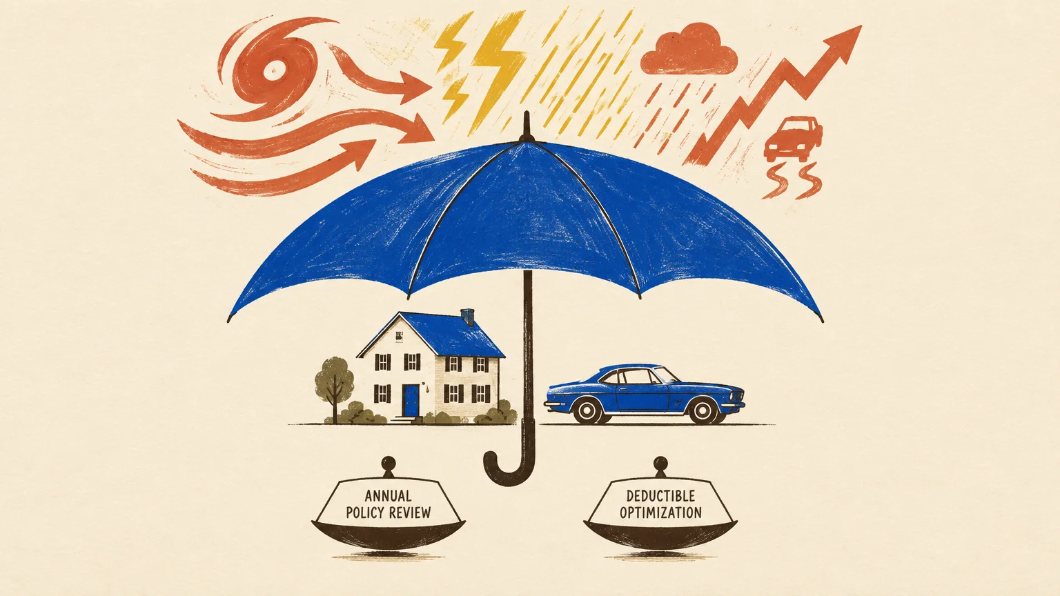 Illustration of a blue umbrella sheltering a house and car from severe weather, with policy review weights below.