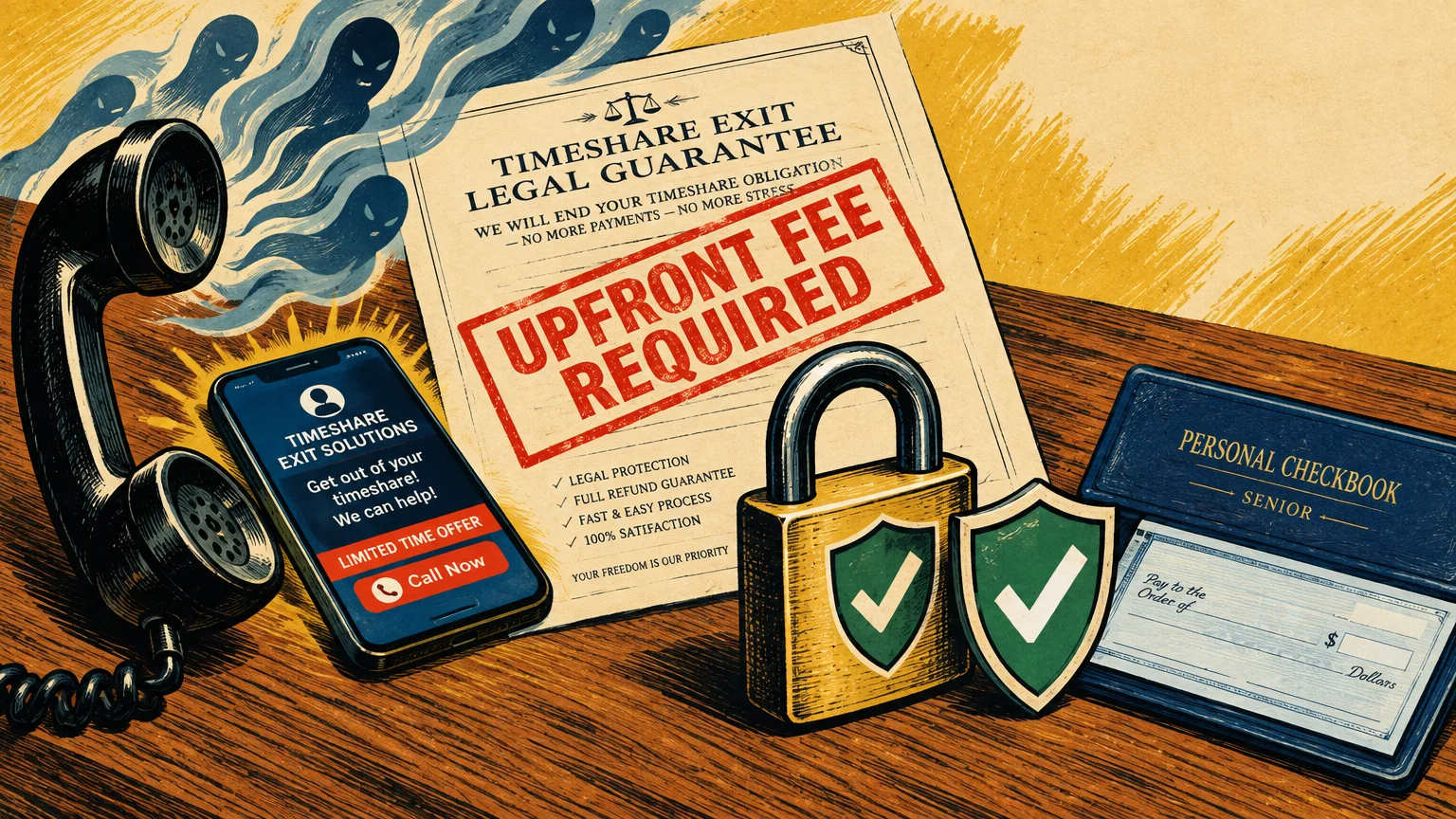 Illustration of a phone handset, smartphone, exit contract stamped upfront fee required, a padlock, and a checkbook.