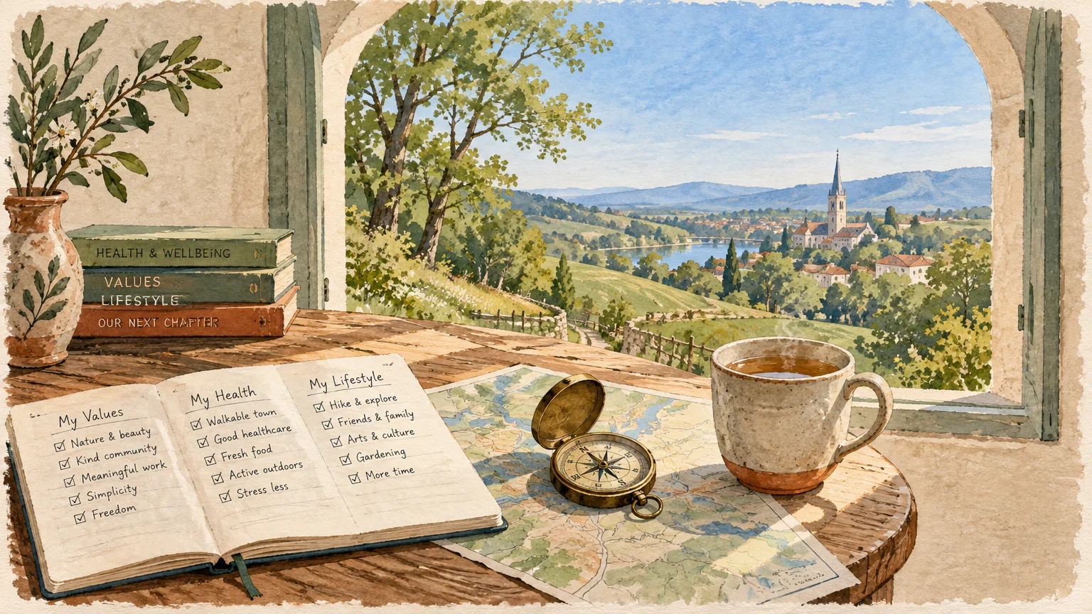 Watercolor illustration of an open journal, map, compass, and mug on a windowsill overlooking a scenic valley village.