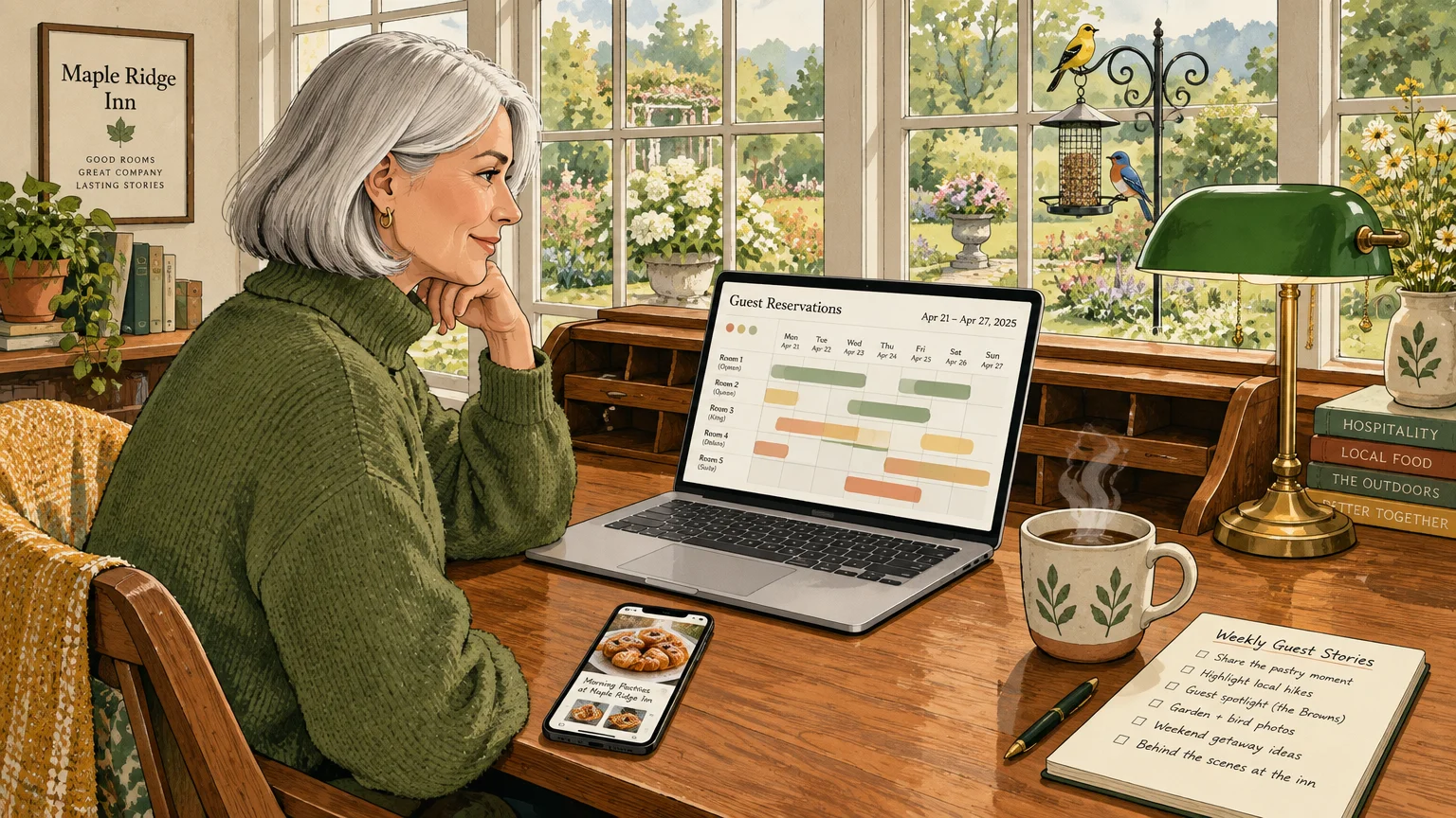 Senior woman working at a laptop showing reservation software, beside a phone displaying pastries by a garden window.