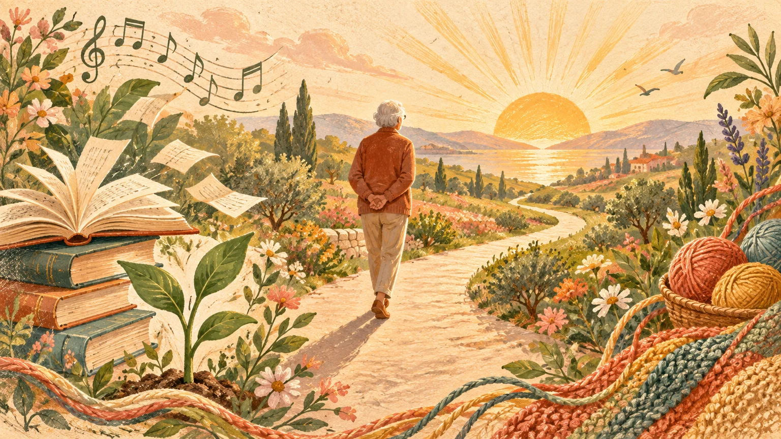 Illustration of an older person walking down a path toward a sunrise, flanked by books, sheet music, flowers, and yarn.